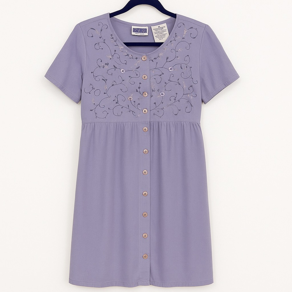 Erika & Co. Petites Lavender Embroidered Button Front Dress PL Linen/cotton